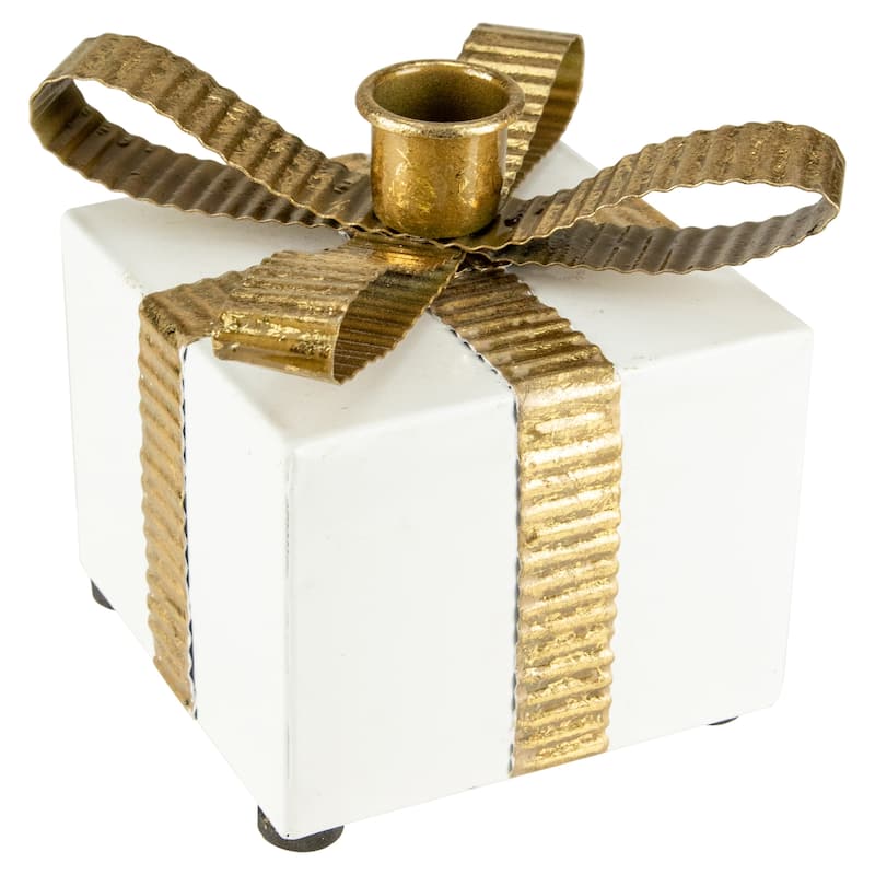 4.5" Metal Gift Box Christmas Taper Candle Holder - Solid White