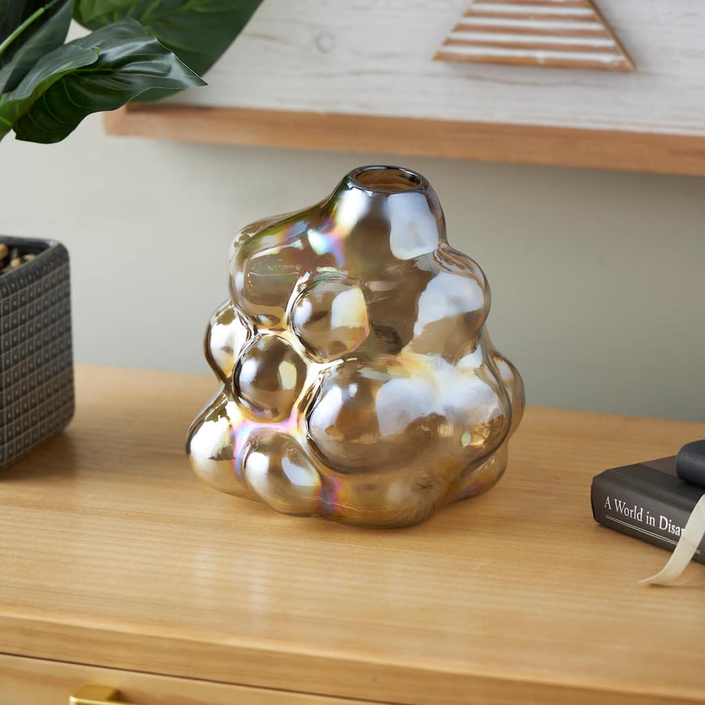 Brown Glass Handmade Abstract Iridescent Bubble Vase