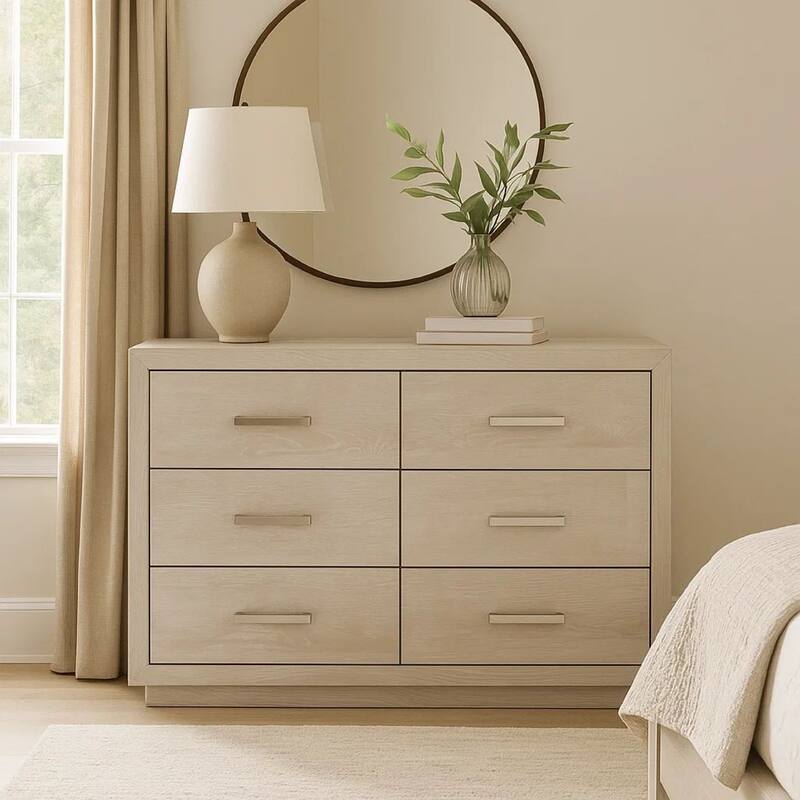 Kexa Wide Dresser, 6 Drawers, Light Gray Solid Wood, Nickel Metal