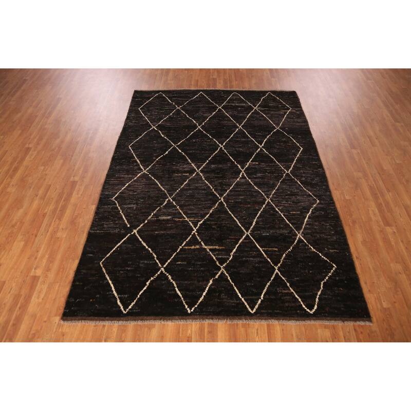 Geometric Black Moroccan Oriental Area Rug Handmade Wool Carpet - 6'11" x 9'9"