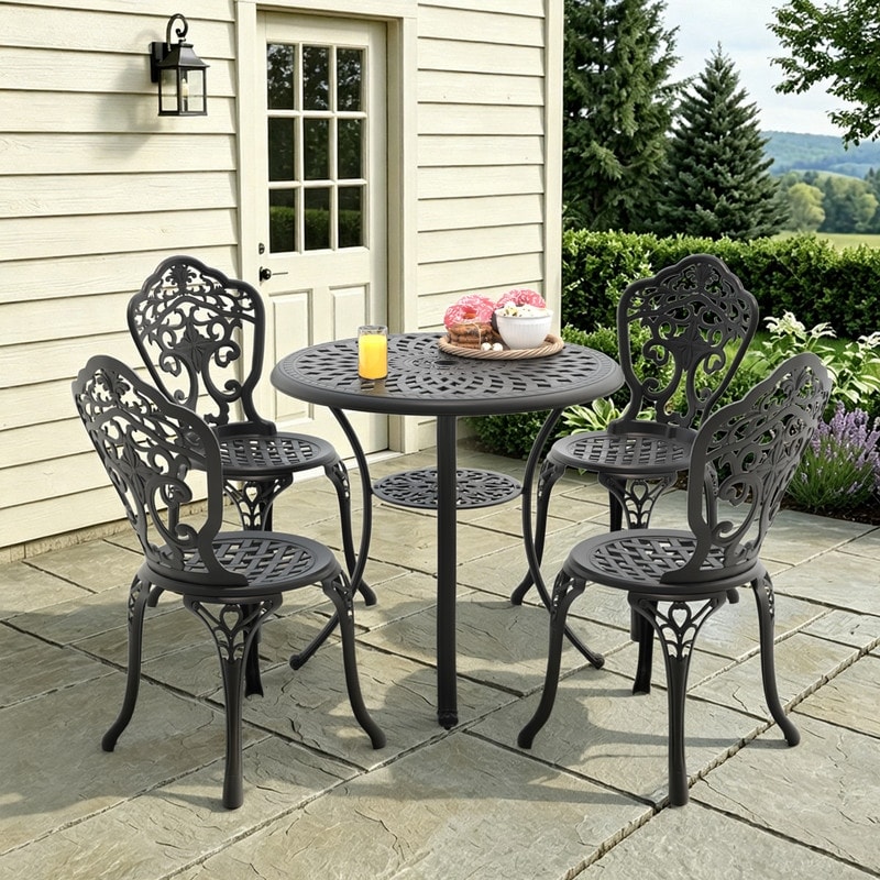 Cast Aluminum 5 Piece Dining Set, 4 Black Chairs and 30.71 Inch Round Table with Umbrella Hole