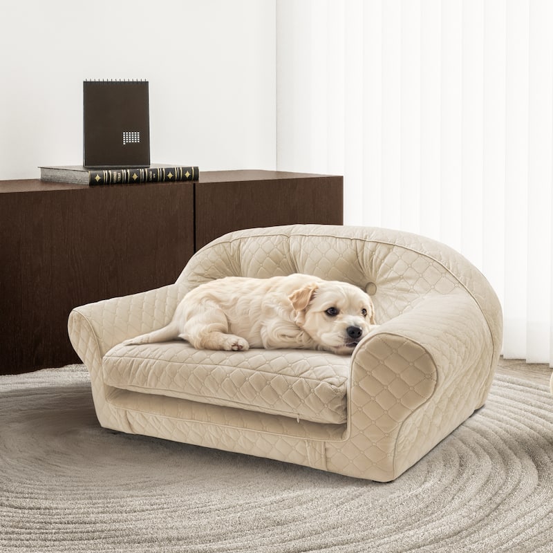 WOWMAX Foldable Dog Sofa Bed, Orthopedic Dog Couch Sofa, Comfy Pet Bed - Ivory