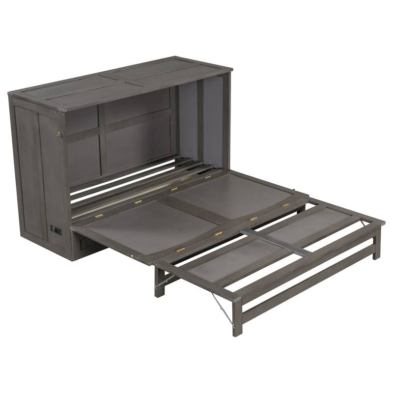 Queen Size Murphy Bed with Built-In Charging Station and Large Storage Drawer, Space-Saving Design, Pine Wood Frame