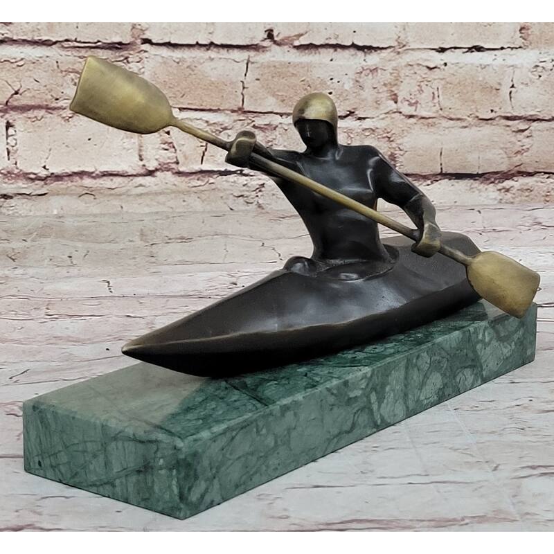 Hot Cast Canoeing Trophy Bronze Sculpture By Mario Nick Green Marble Base Figure