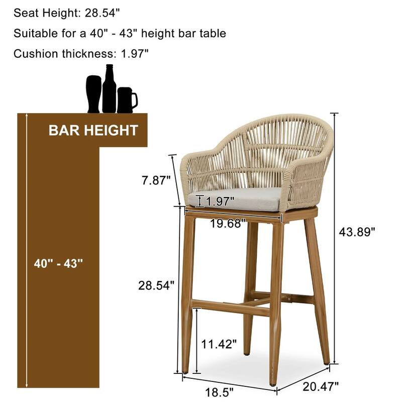 PURPLE LEAF Counter BarStools Set of 4 Aluminum Dining Chairs with Back and Cushions Rattan Bar Stools