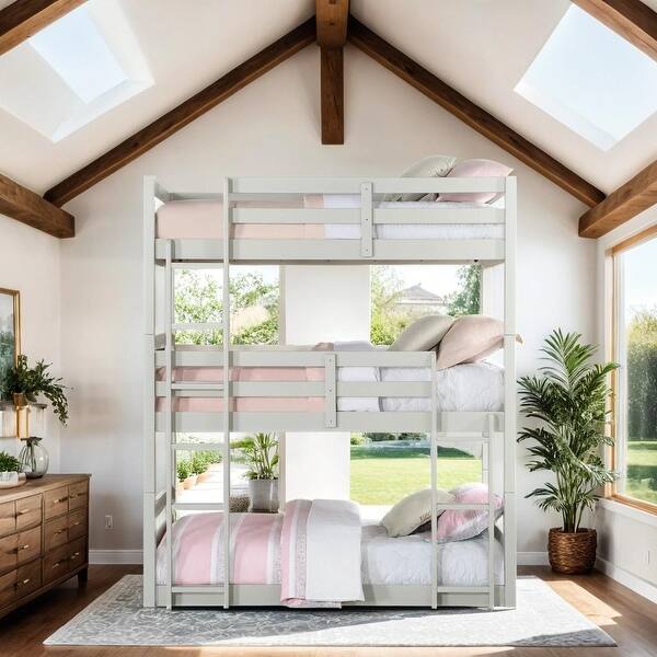 slide 2 of 15, Solid Pine Triple Bunk Bed with Sleek Design & Built-In Ladders, White White