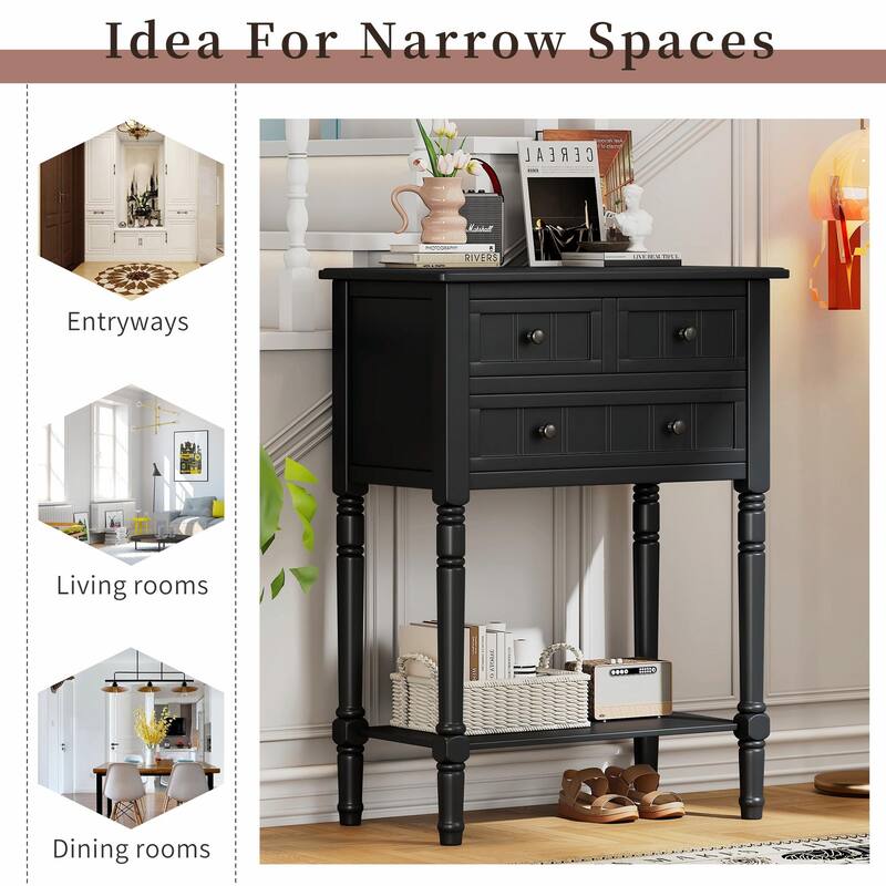 Narrow Console Table with 3 Drawers and Bottom Shelf