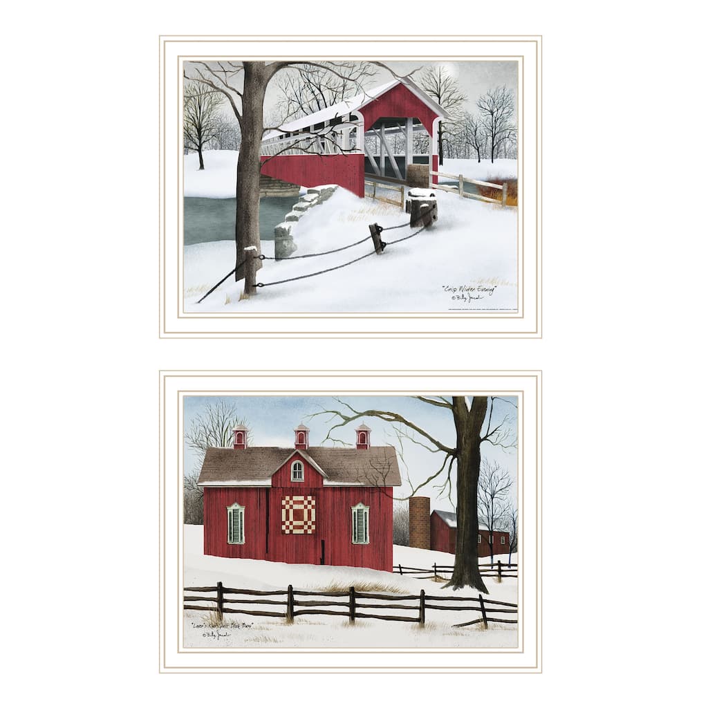 2-Piece Framed Wall Art Set - Lovers Knot Quilt Barn & Covered Bridge, White Frame