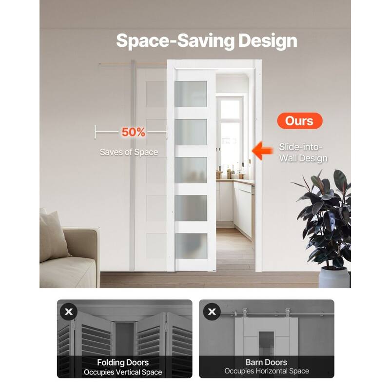 White Wood MDF Sliding Pocket Door with Frosted Glass Panels