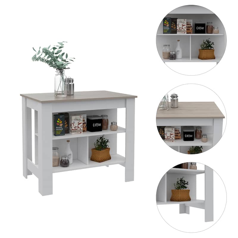 3-Shelf Kitchen Island with Wooden Legs - Stationary - White - Wood