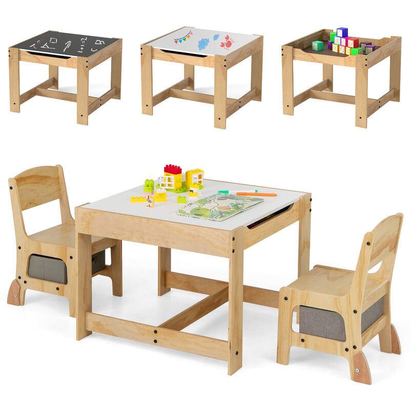 Gymax 3-In-1 Kids Table & Chairs Set w/Reversible - Grey