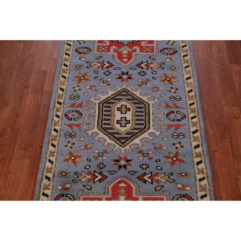 Hand Knotted Oriental 100% Wool Carpet Traditional Geometric Navy Blue & Blues Heriz (serapi) Runner Rug - 7' 6'' X 2' 7''