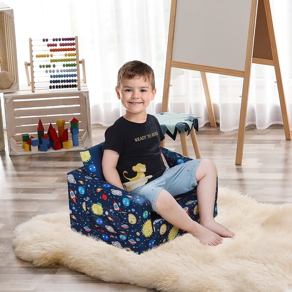 slide 2 of 18, Qaba Kids Fold-Out Couch/Chair Lounger with Space-Themed Washable Fabric & Removable Cushion for 3-6 Years Old Blue