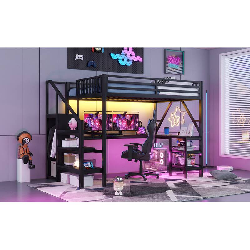 Roomfitters Full/Queen Loft Platform Bed, L-Shaped Desk and LED Wardrobe with Metal Frame for Bedroom or Guest Room