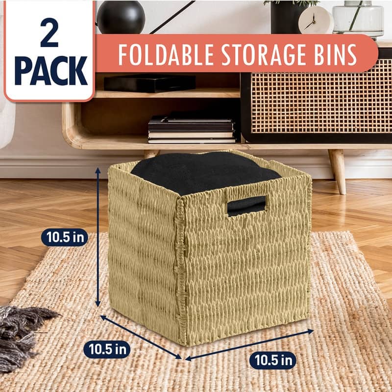 2 Pack Foldable Paper Wicker Shelf Storage Basket Cube Bin with Handles