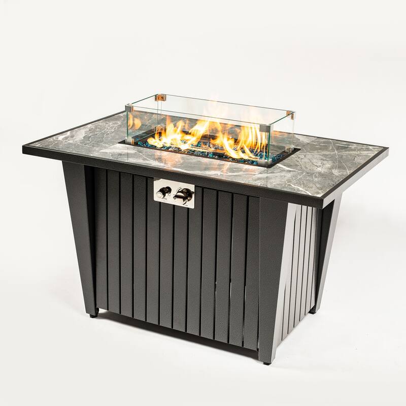 GDFStudio - Callahan 42" Steel Outdoor Fire Pit Table with Marble Tile Top, Glass Wind Guard & 50,000 BTU Flame - Gray+Steel