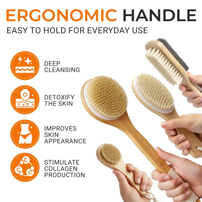 Cheer Collection Set of 4 Shower Body Brushes with Natural Bristles Multiple Sizes for Wet or Dry Use