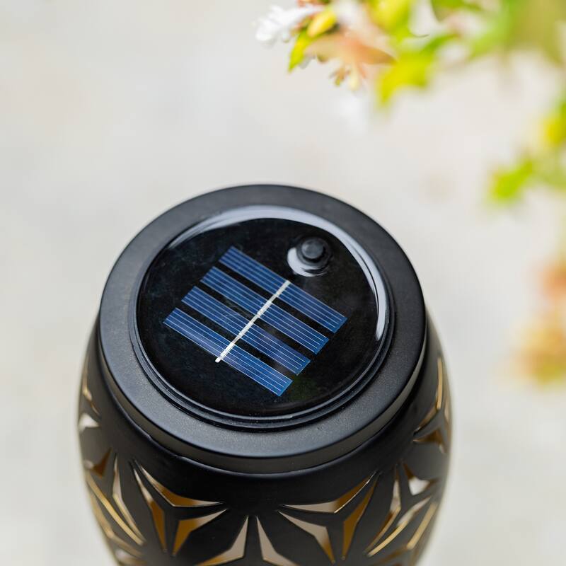 Glitzhome 8.75"H Set of 2 Black Metal Cutout Geometric Pattern Solar Powered Outdoor Lantern with LED Light
