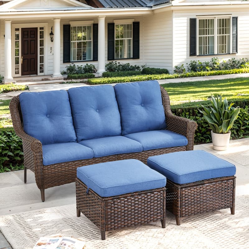 Outdoor Patio 3-Seat Sofa with 2 Ottomans - Blue - Brown