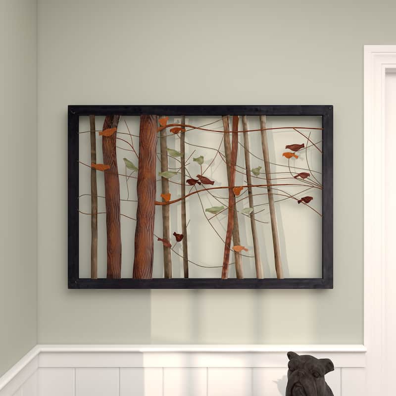 Multi Colored Metal Cutout Bird Home Wall Decor with Tree Branch Accents and Black Metal Frame