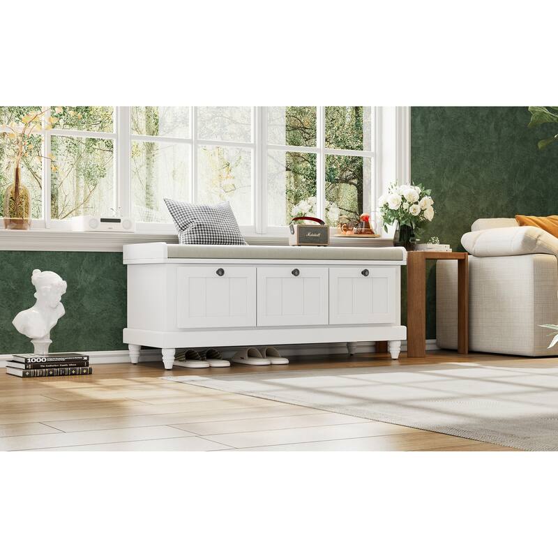 Fluted Entryway Bench with Storage - White