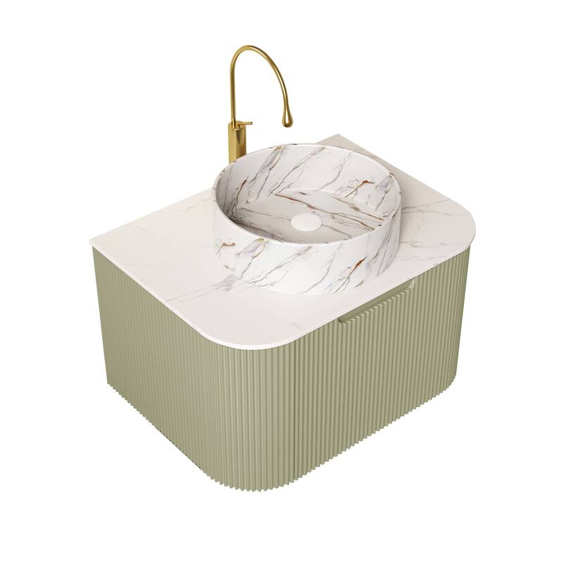 24 Inch/30 Inch/36 Inch Wall-Mounted Bathroom Vanity Cabinet with Counter Top Sink, Round Ceramic Basin with Stone Pattern