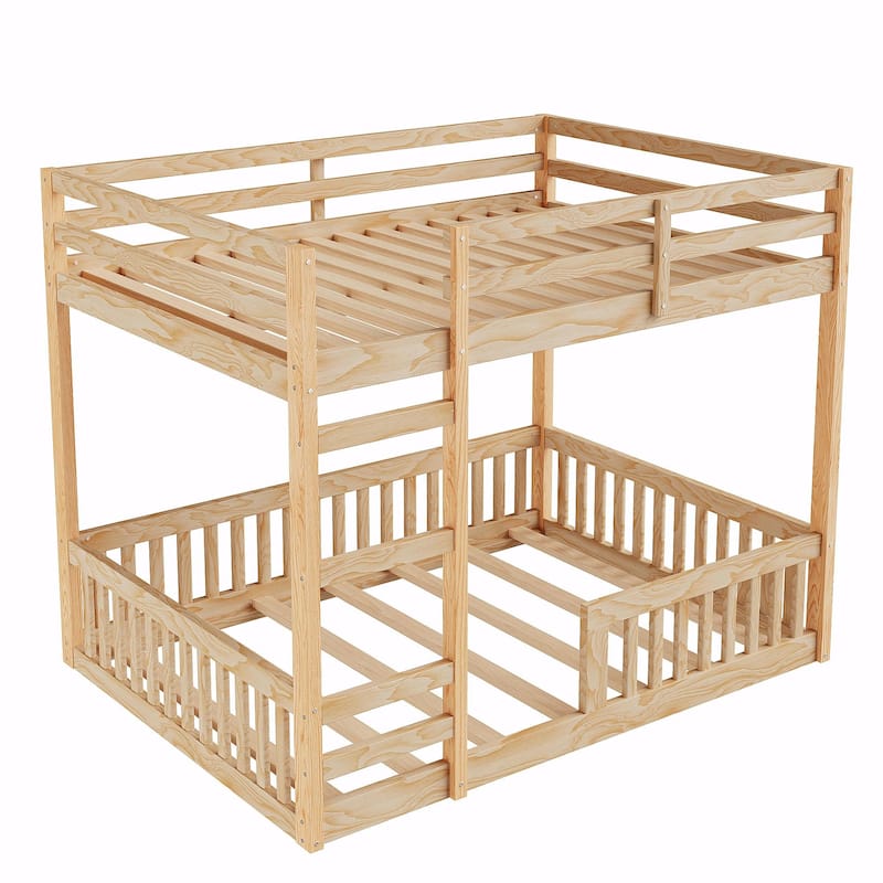 Full over Full Wooden Bunk Bed with Ladder and Guardrails