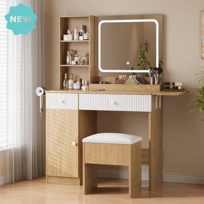 Makeup Vanity Desk with Mirror, Charging Station, Storage Drawers， Stool - Khaki