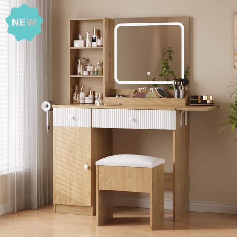 Makeup Vanity Desk with Mirror, Charging Station, Storage Drawers， Stool