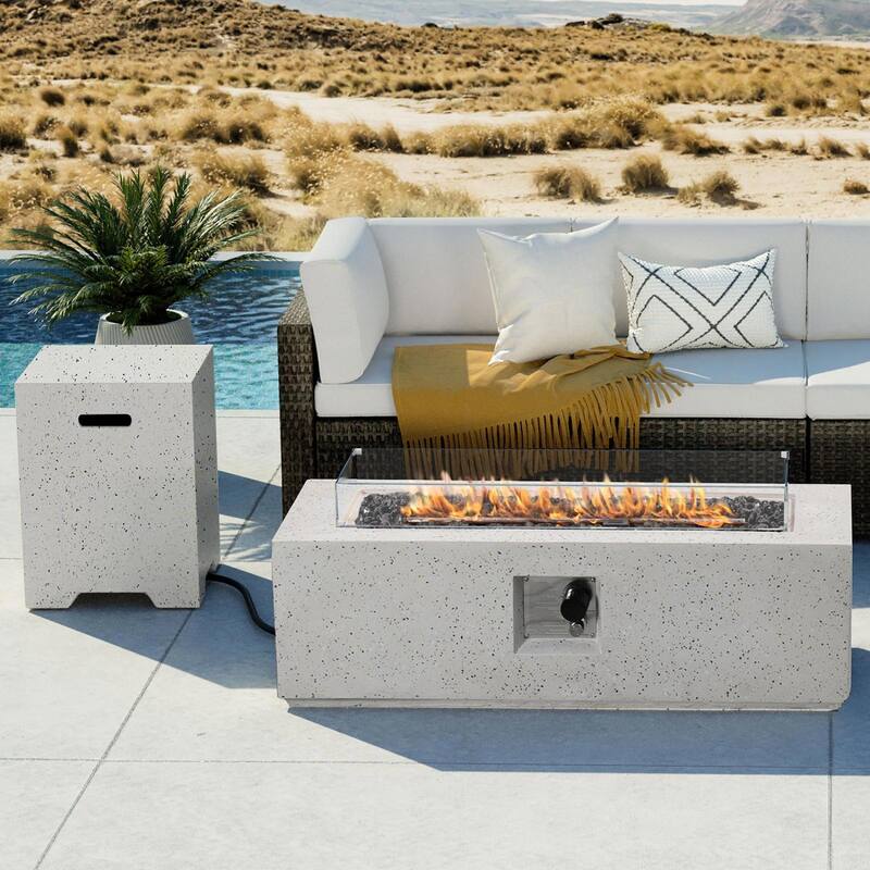 COSIEST 42''Outdoor Rectangular Propane Fire Pit with Wind Guard, Tank Cover Table - With Black Fire Glass