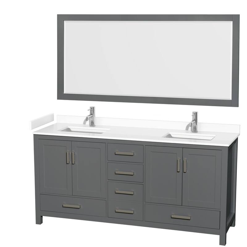 Wyndham Collection Sheffield 72" Double Bathroom Vanity, Carrara - Dark Gray / White Cultured Marble Top / Brushed