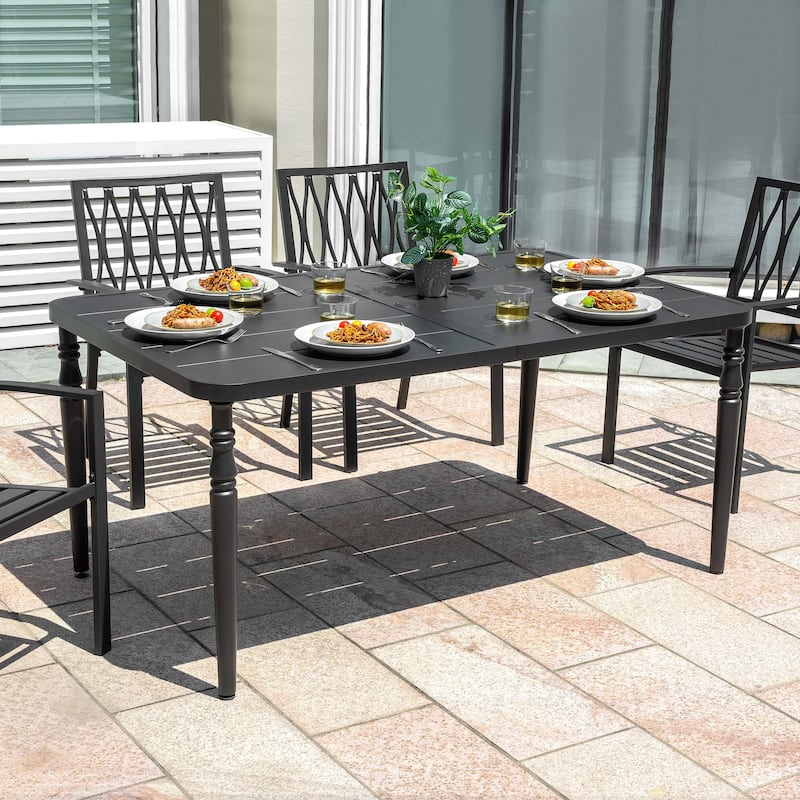 Outdoor Rectangle Powder-Coated Metal Dining Table with Umbrella Hole