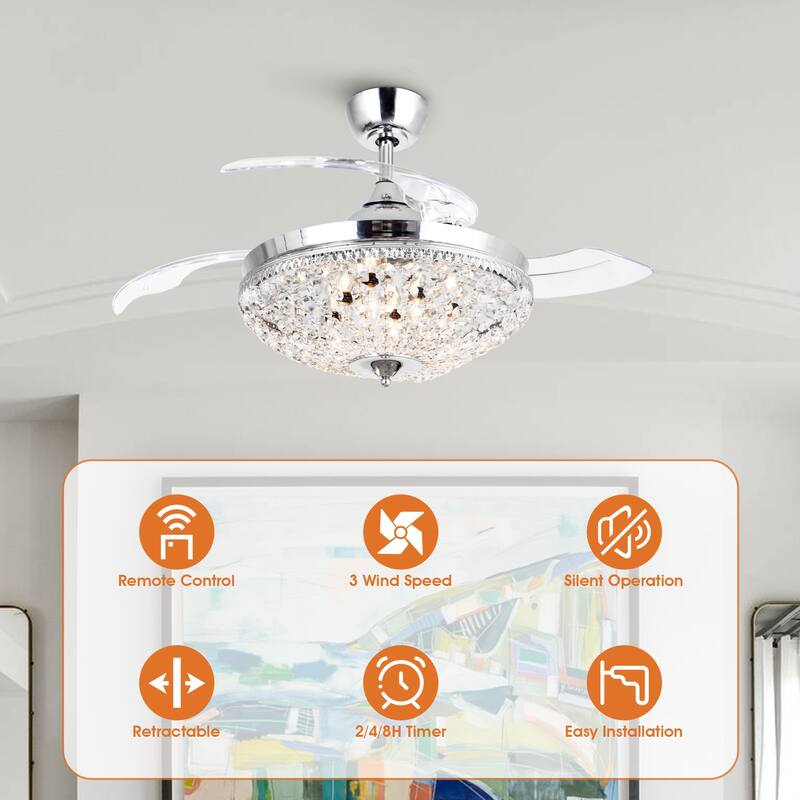 42 inches Retractable Fandelier Ceiling Fan WIth Remote Control - 42-inch