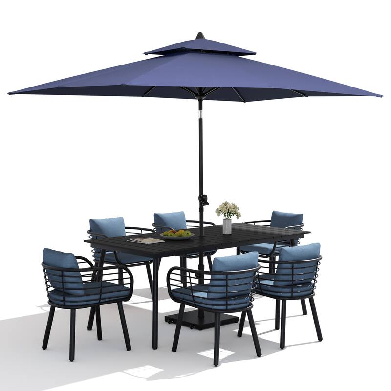 9PC Outdoor Patio Dining Set Aluminum Table with Sunbrella Cushion Chairs w/ Premium Market Umbrella Sets