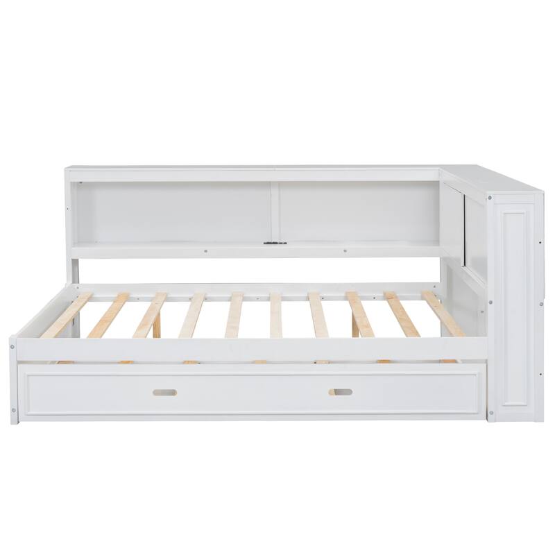Full Size Wood Daybed with Storage Shelves, USB, LED, and Trundle in White