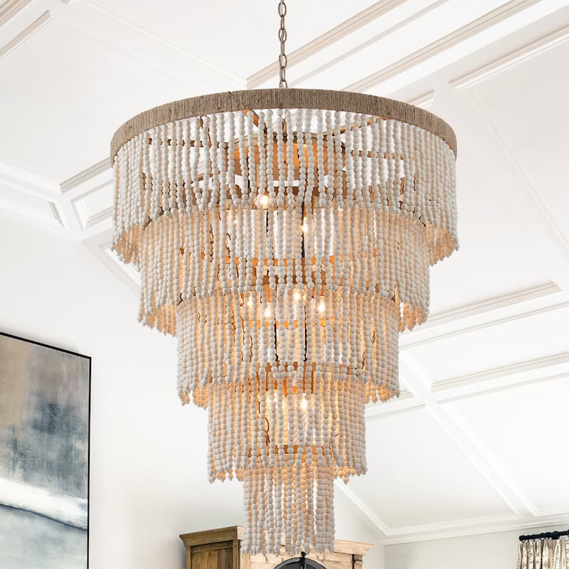 Bohemian Tiered Wood Beads Shade 9-Light Coastal Chandelier Light