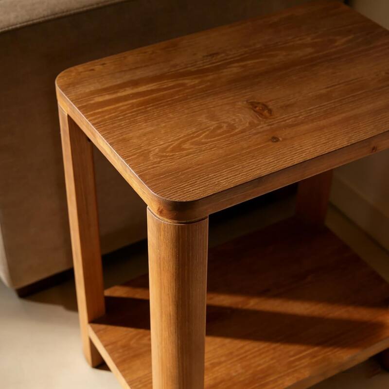 2-Tier Solid Wood End Table, Farmhouse Side Table with Storage Shelf, Rectangle Bedside Nightstand