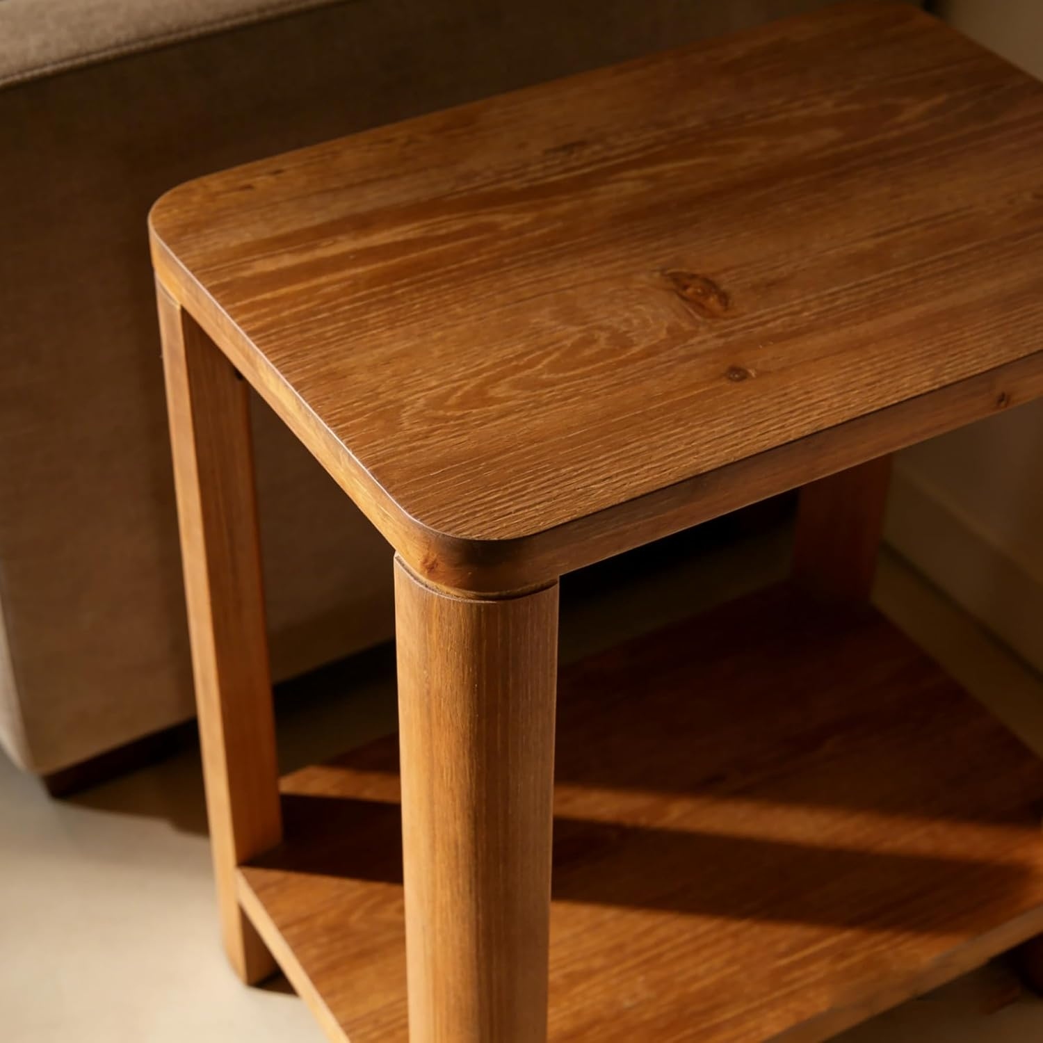 Solid Wood End Table, Farmhouse Side Table with 2-Tier Storage Shelf, Rectangle Bedside Nightstand