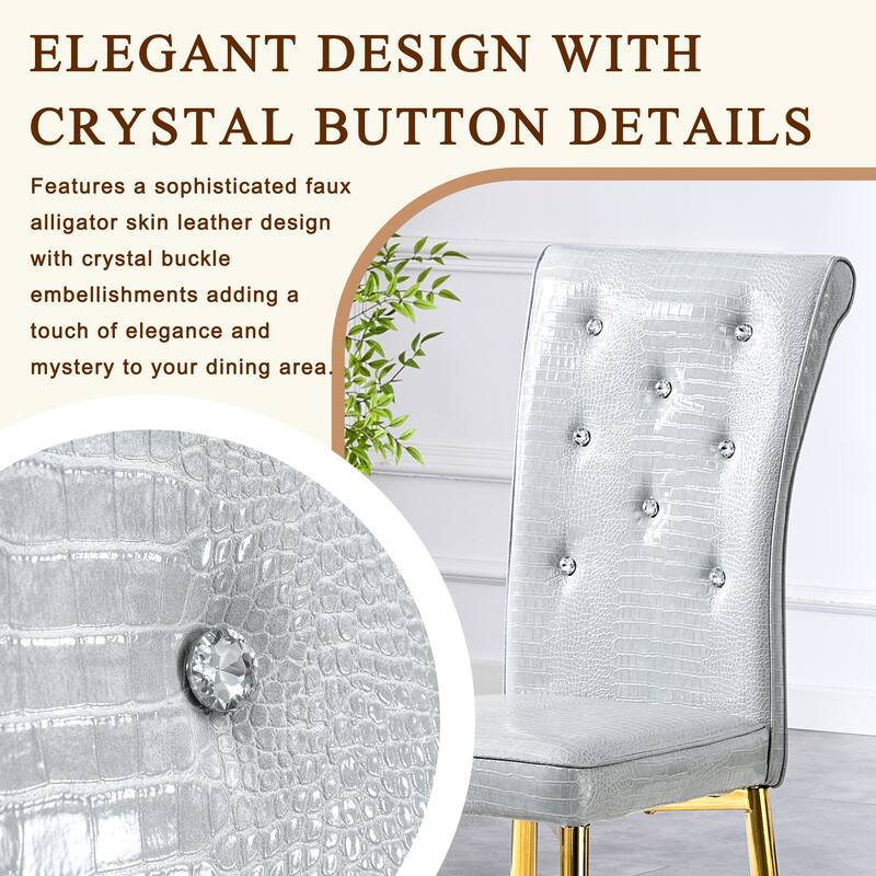 A set of 2 vintage crocodile leather cushioned dining chairs, featuring crystal clasp design and artificial leather design