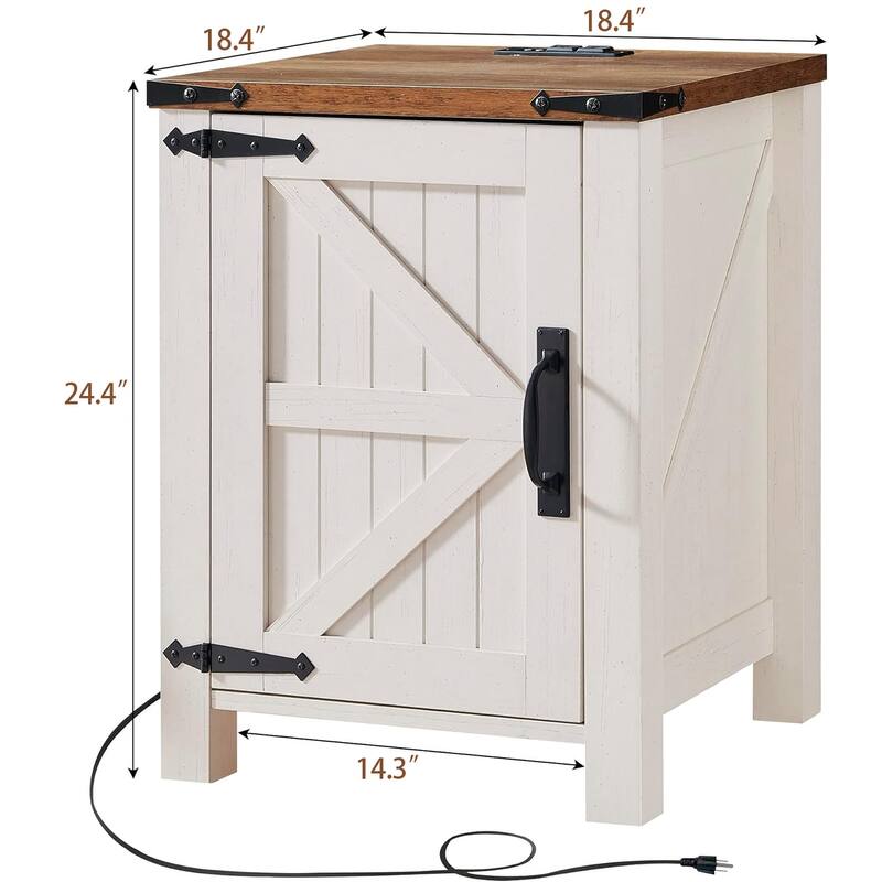 Farmhouse Nightstand with Charging Station, End Table with Barn Door