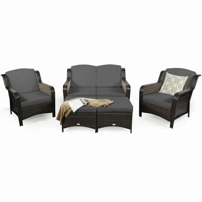 5 Pieces Patio Rattan Sofa Set with Cushion and Ottoman - 51" x 33.5" x 33" (L x W x H)