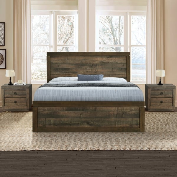 slide 2 of 17, 3-Piece King Size Farmhouse Platform Bed Set - Includes Bed and 2 Nightstands, Rustic Brown Rustic Brown