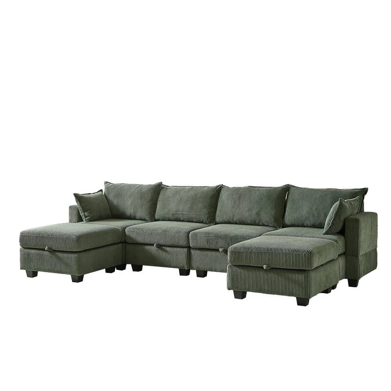 113.5" Corduroy U-Shaped Sectional Sofa with Storage Ottoman, 6-Seat Modular Design and Convertible Chaise