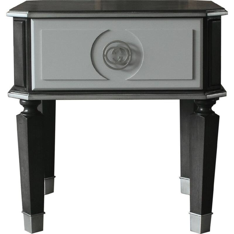 MDF End Table with 1 Drawer and Turned Tapered Legs, Gray and Silver