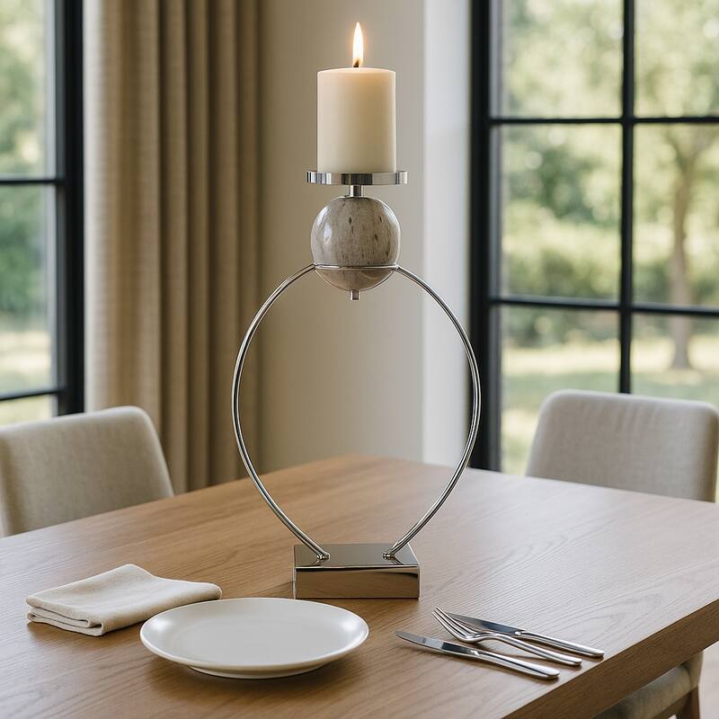 Candle Holder - Metal with Marble Sphere - Silver/ Metallic - 26.0"