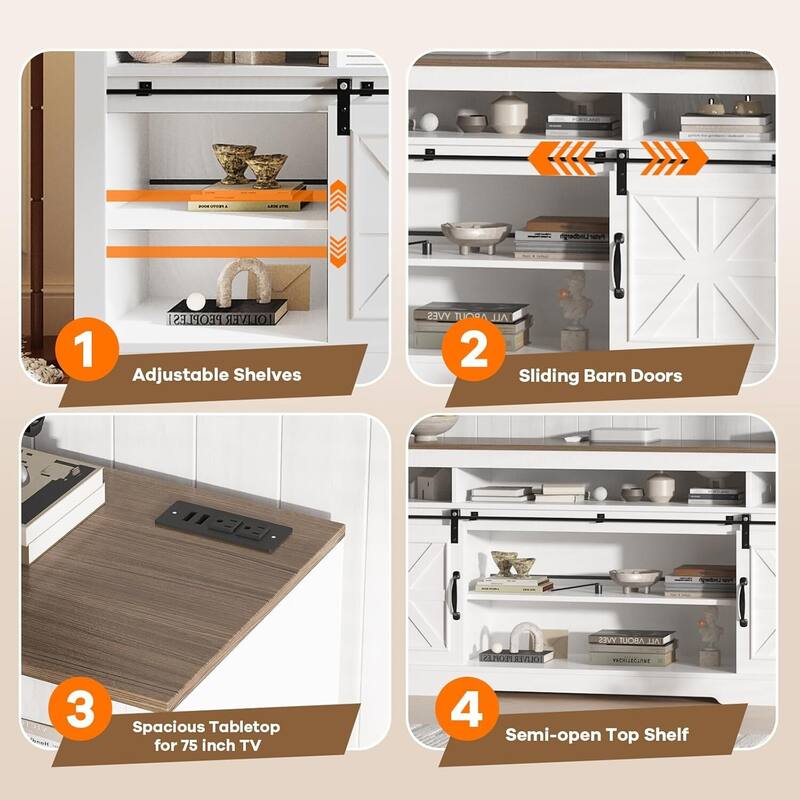 66" Farmhouse TV Stands, Entertainment Center with Open Storage, Power Outlets - N/A