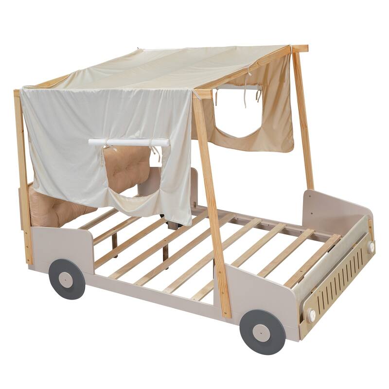 Car Bed With Pillow, Ceiling Cloth And Led, Natural