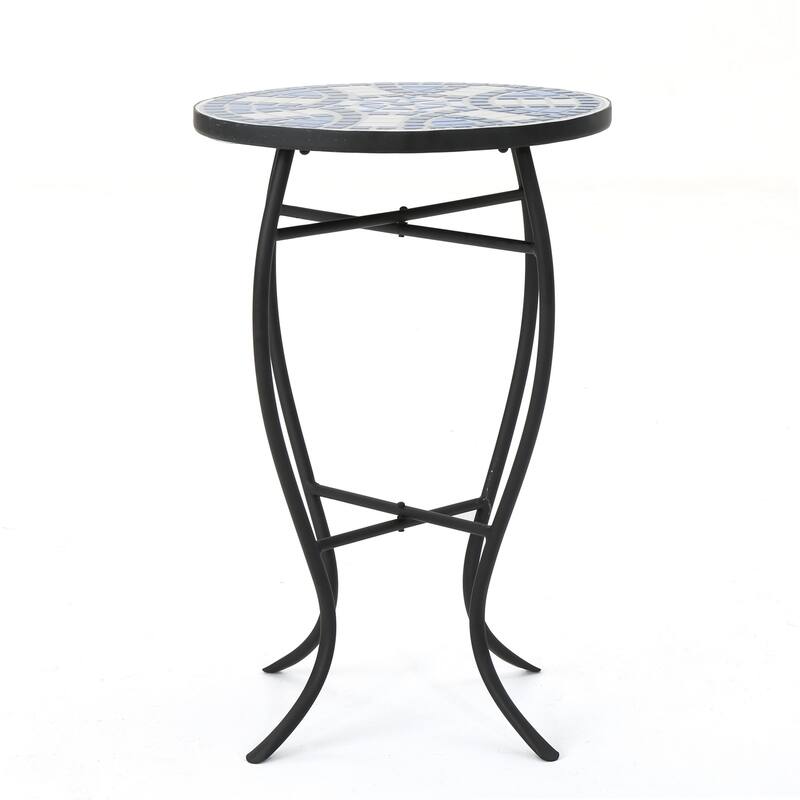 Outdoor Side End Table, 14 Inch Round Blue, White Mosaic Ceramic Top