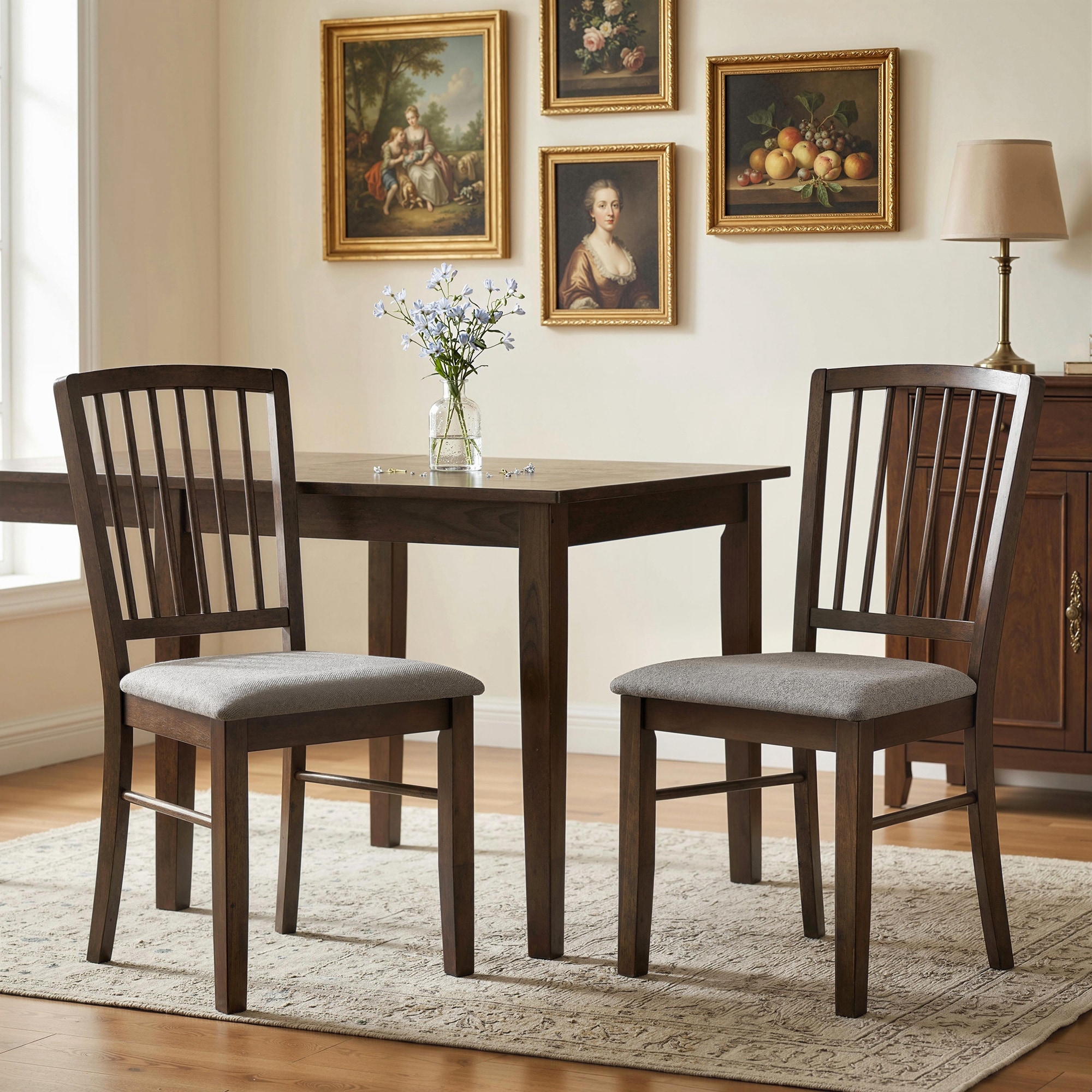 HOMCOM Farmhouse Dining Chairs Set of 2, Upholstered Kitchen Chairs with Solid Rubberwood Legs for Kitchen, Dining Room