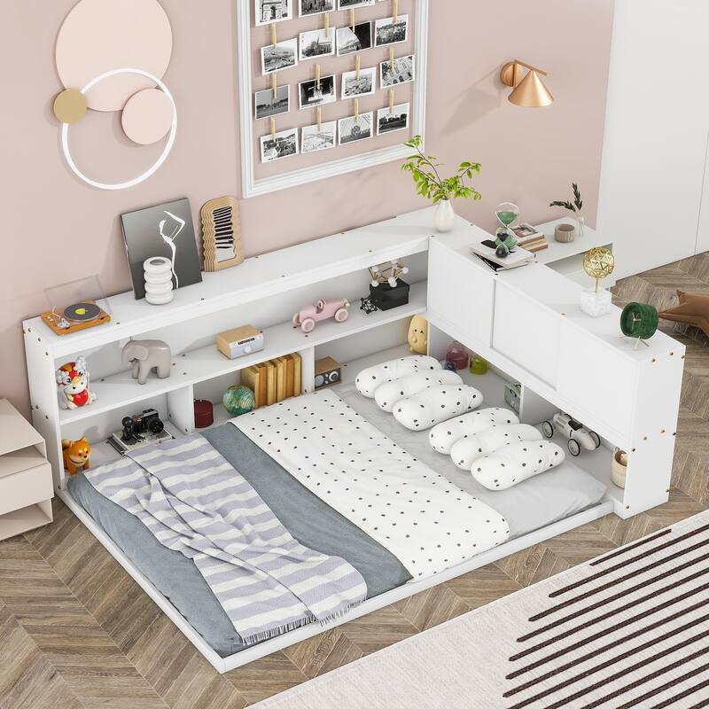Floor Bed with L-shaped Bookcases, sliding doors,without slats